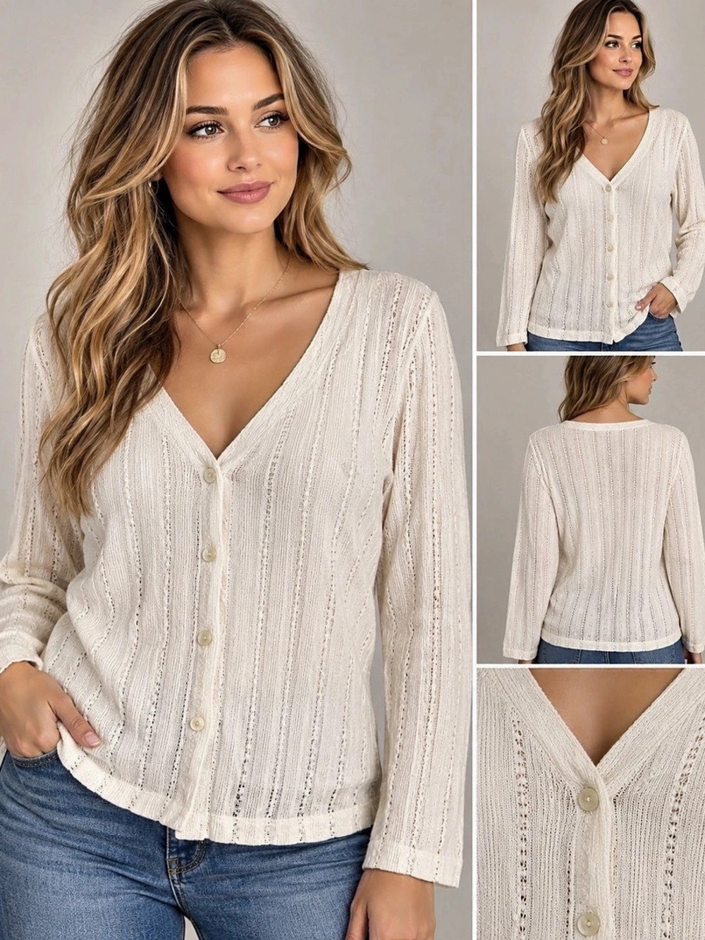 Rafaella V-Neck Knit Cardigan in White Size Small Like New